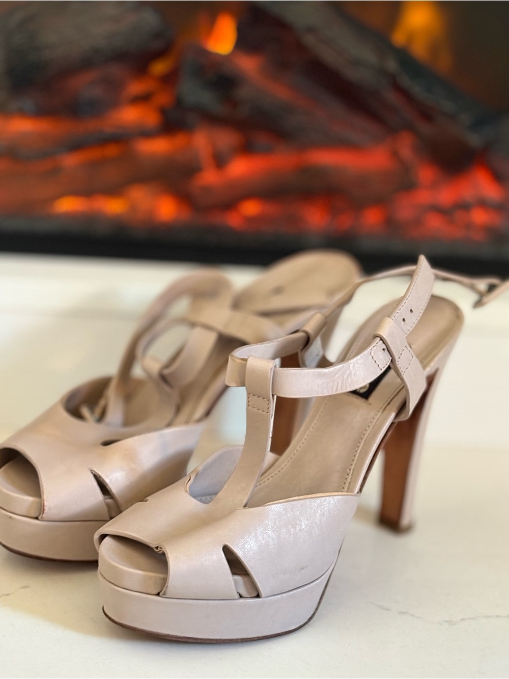 Women's Nude Platform T-Strap High Heel Sandals